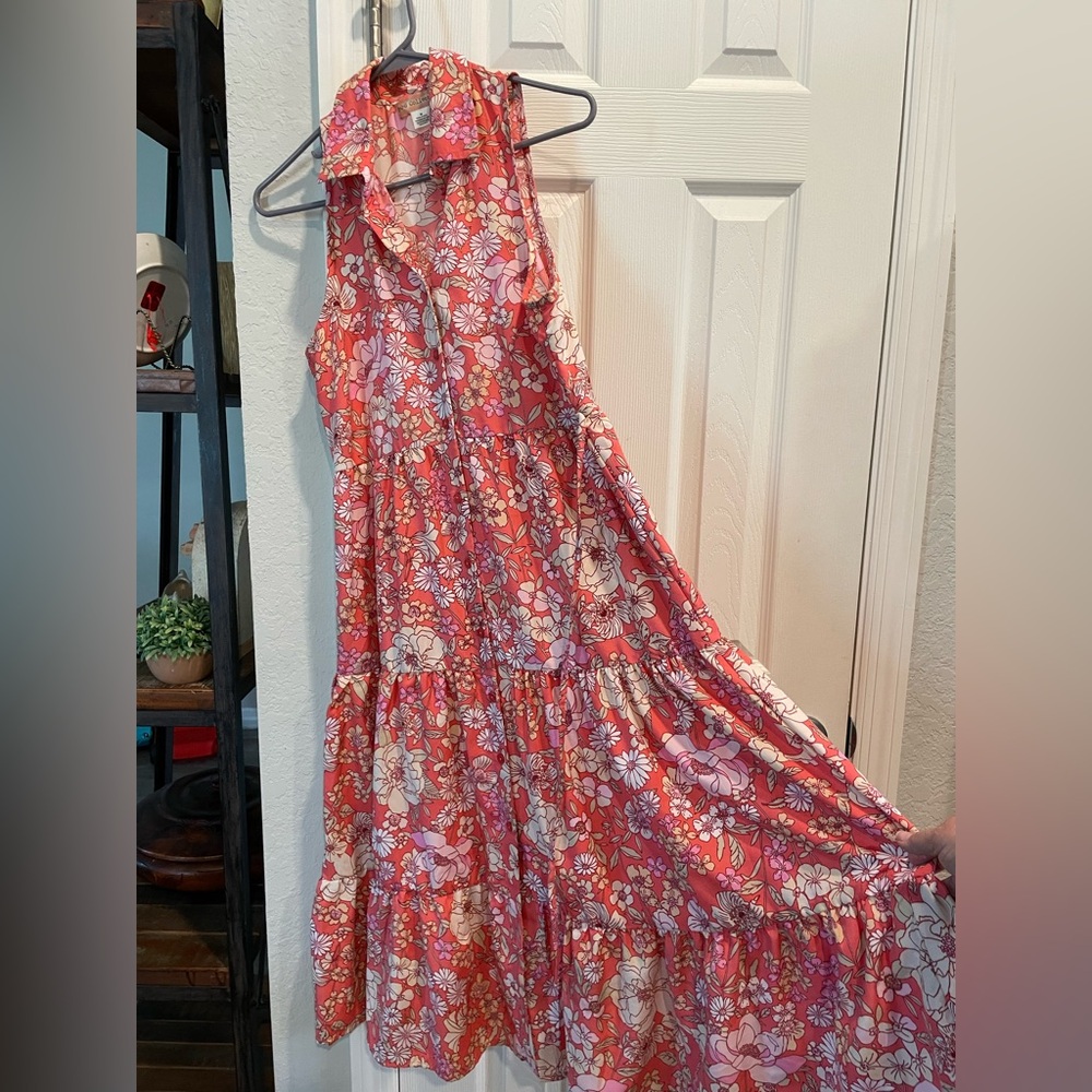 Band of Gypsies Pink Ivory floral boho button front sleeveless fit & Flare dress